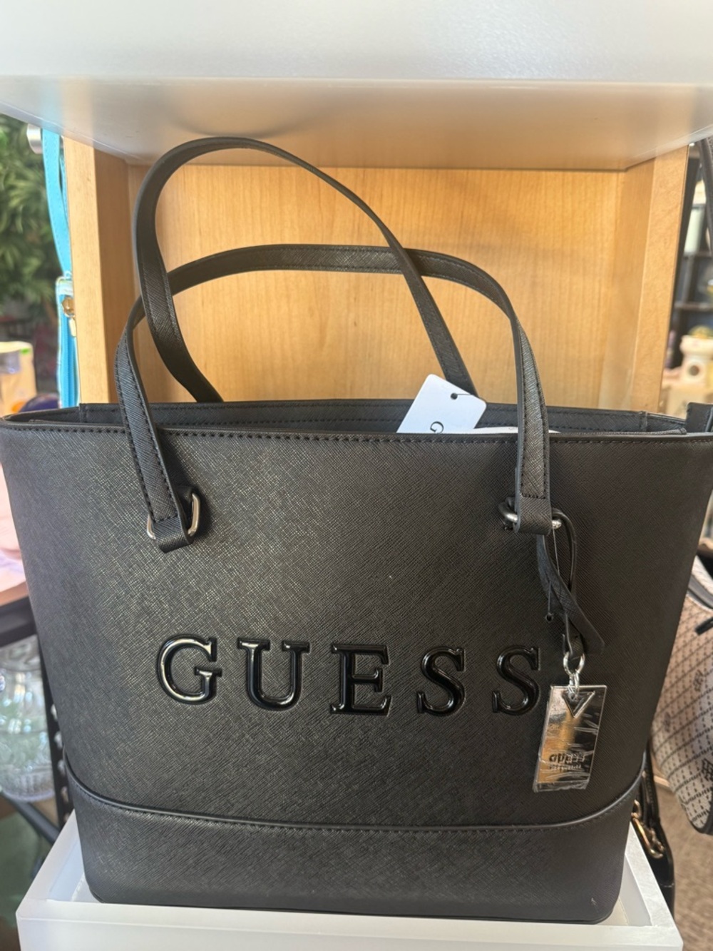 GUESS Black Saffiano Logo Tote with Charm